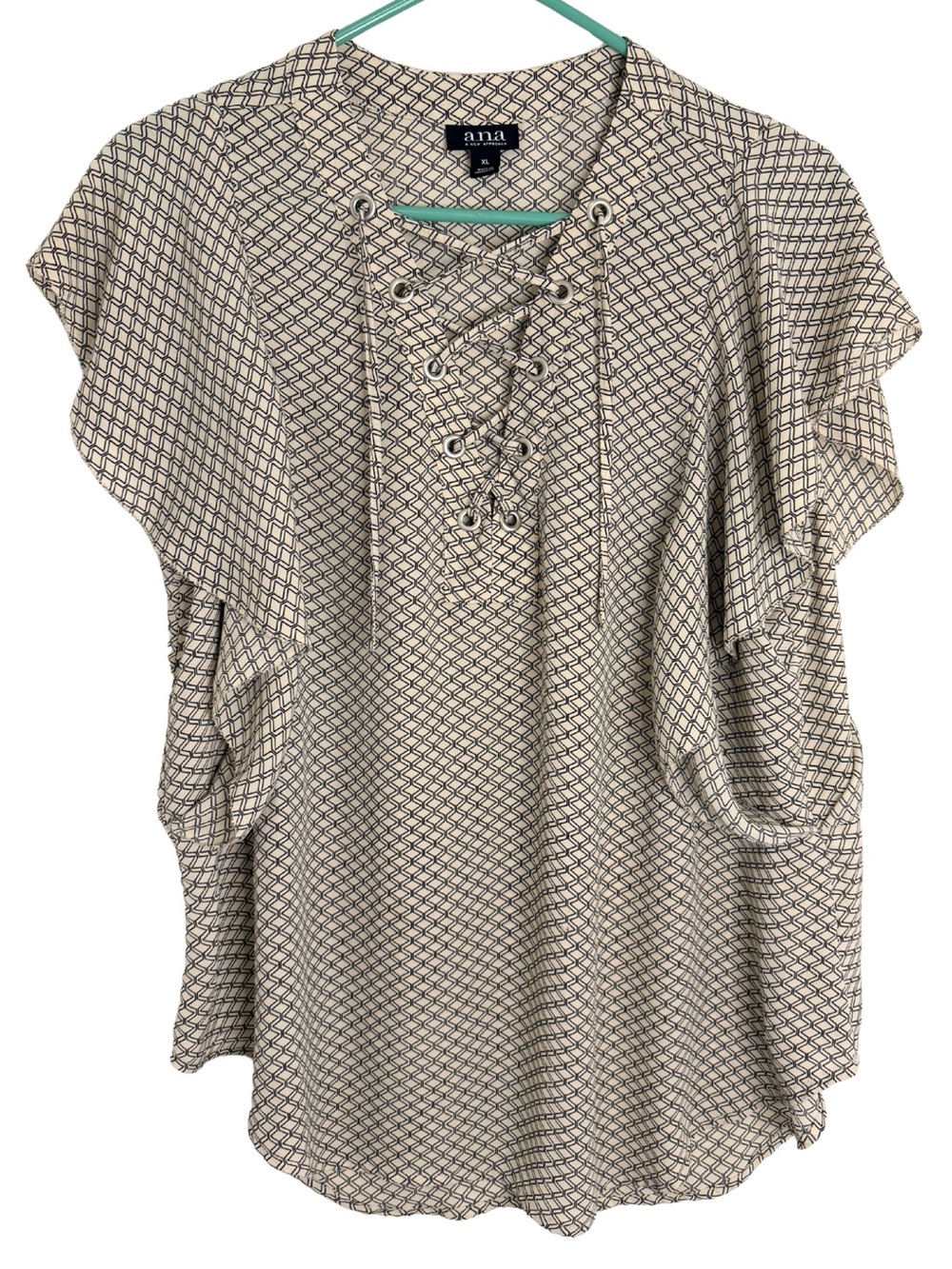 3/$20 a.n.a Cream and Black Lace-Up Geometric Blouse Size XL